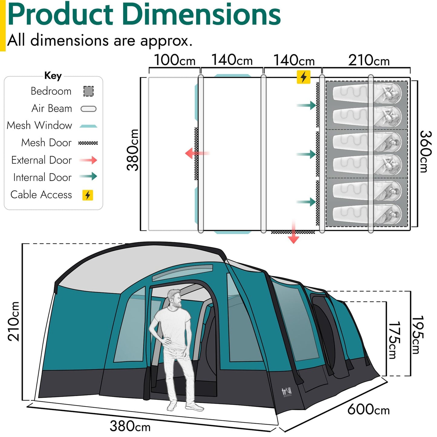 Trail Luxton Inflatable 6 Man Air Tent, Large Family Camping Tunnel Tent, 5000mm Waterproof, Dark Zone Bedroom, Living Area, Front Awning, Cable Access, Bag & Pump (L600cm x W380cm x H210/200cm)