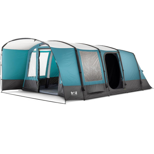 Trail Luxton Inflatable 6 Man Air Tent, Large Family Camping Tunnel Tent, 5000mm Waterproof, Dark Zone Bedroom, Living Area, Front Awning, Cable Access, Bag & Pump (L600cm x W380cm x H210/200cm)