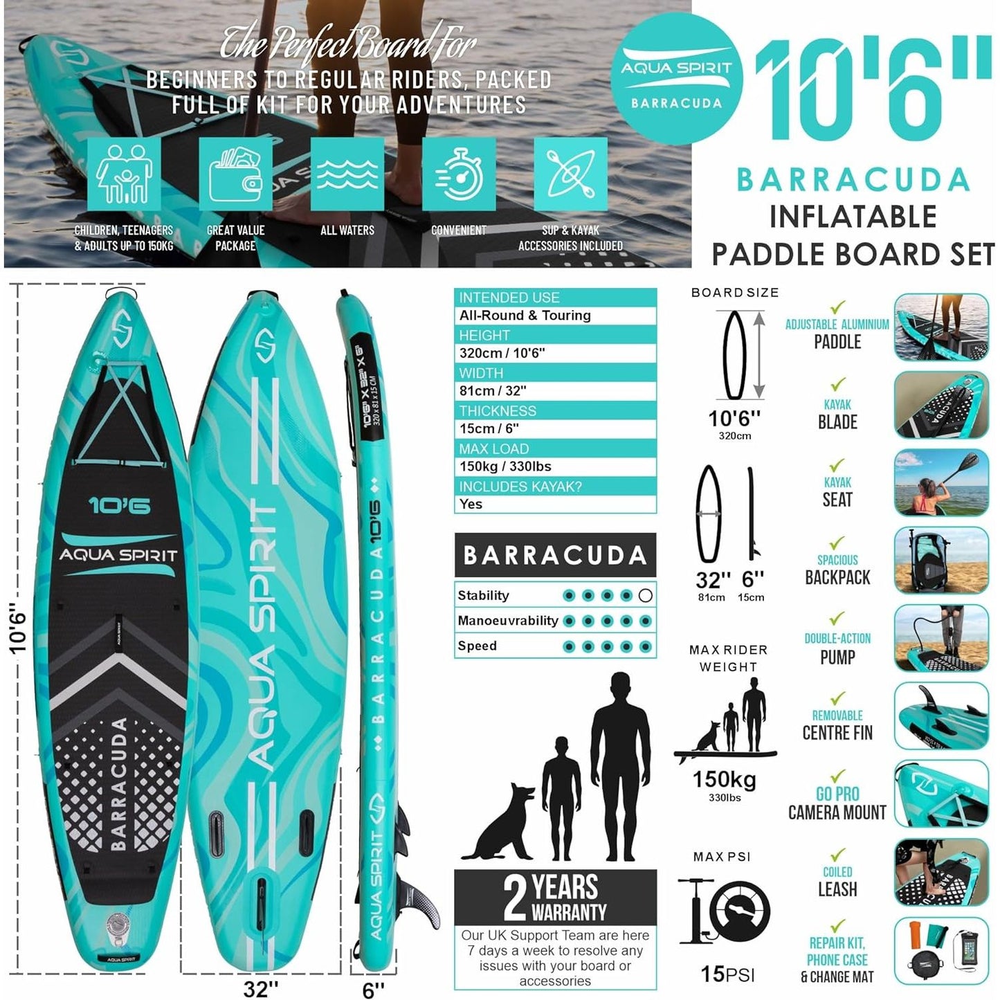 Aqua Spirit Barracuda iSUP/Kayak Inflatable Stand Up Paddle Board 2025